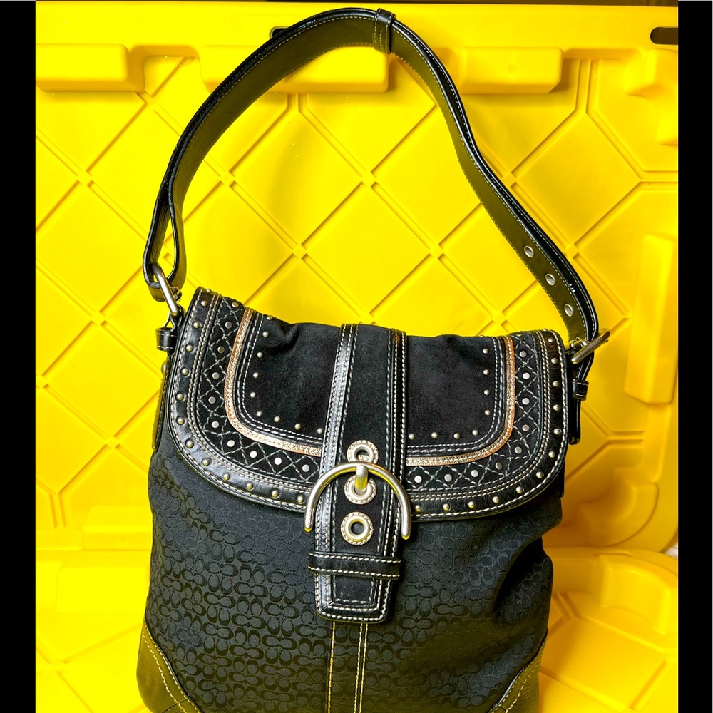 Coach Signature Jacquard & Leather Hobo Purse Studded Black